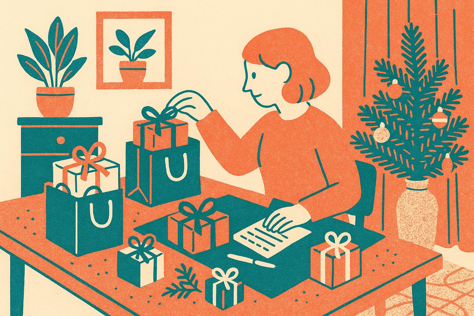 A woman is placing different small gifts into separate bags after making a list of relatives and colleagues.