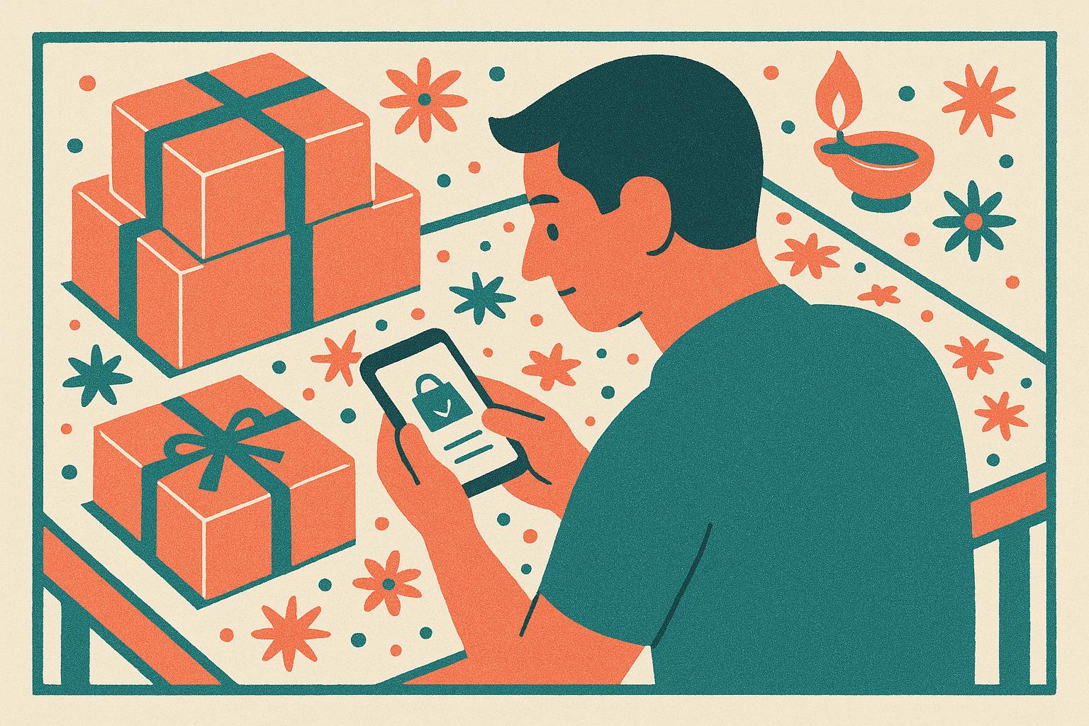 A man is checking a delivery app beside sealed packages on the last day before Diwali.