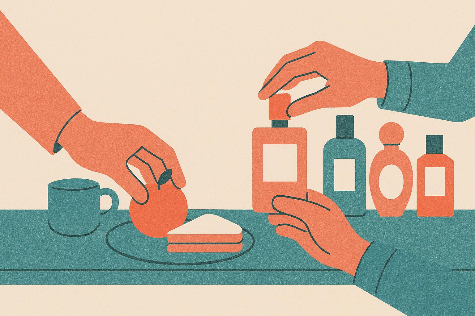 A colleague setting a perfume bottle back on the shelf while a lunch meeting ends.