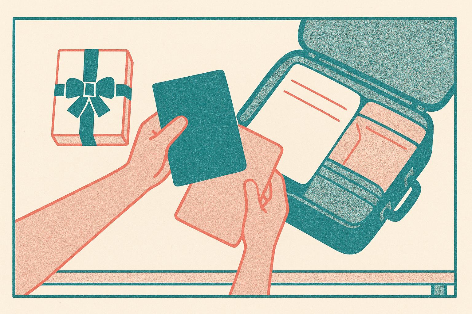 A team member packing a document wallet into a carry-on on the last day at work.