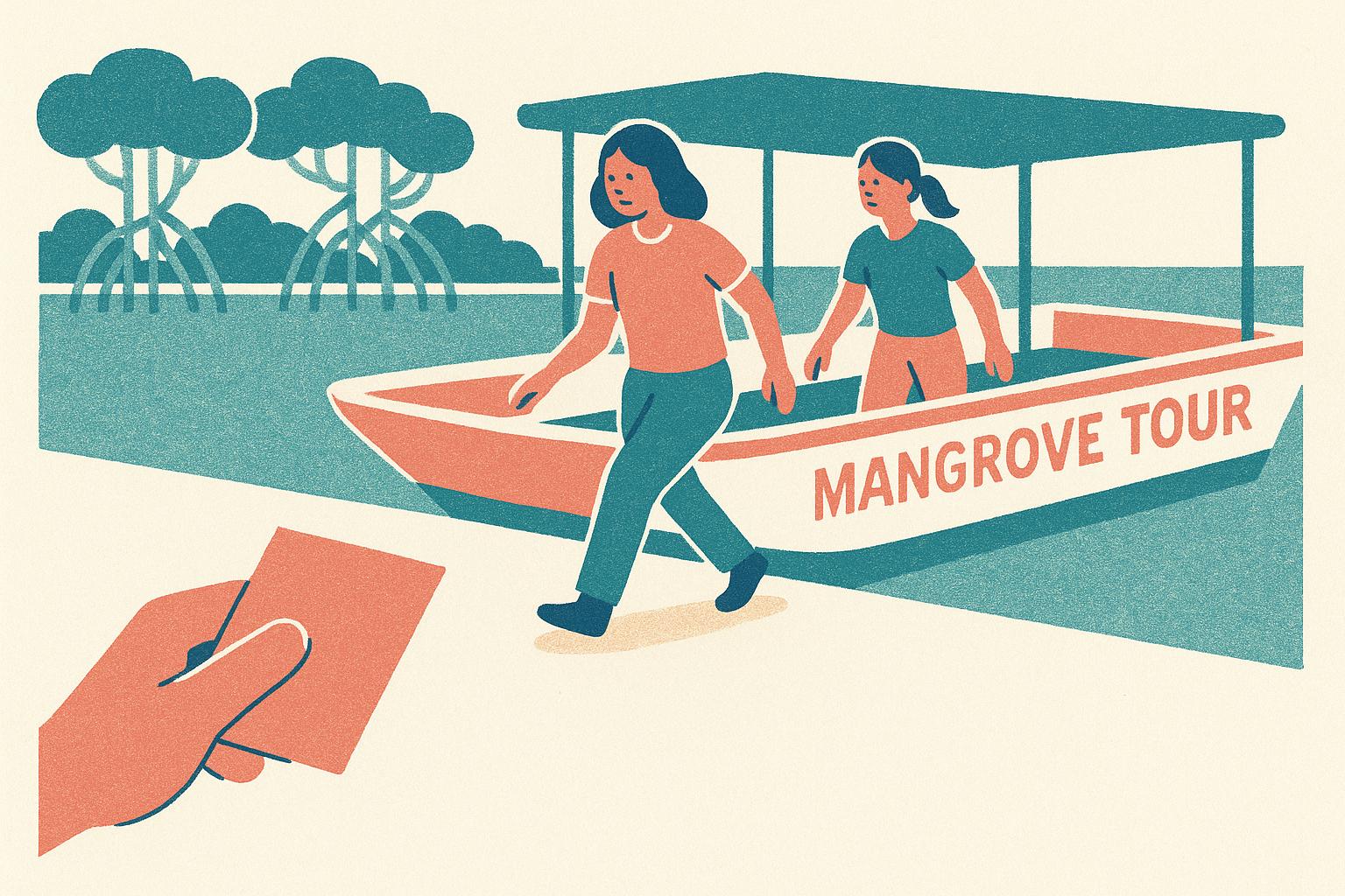 Two women leaving a mangrove tour boat while a voucher sits folded in one hand.
