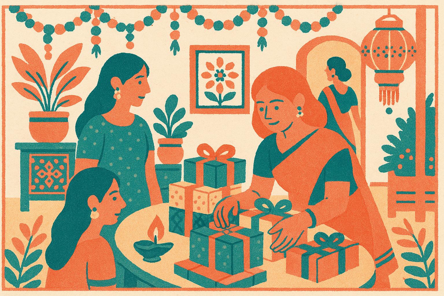 A woman is sorting Diwali gifts at home just before the guests arrive.