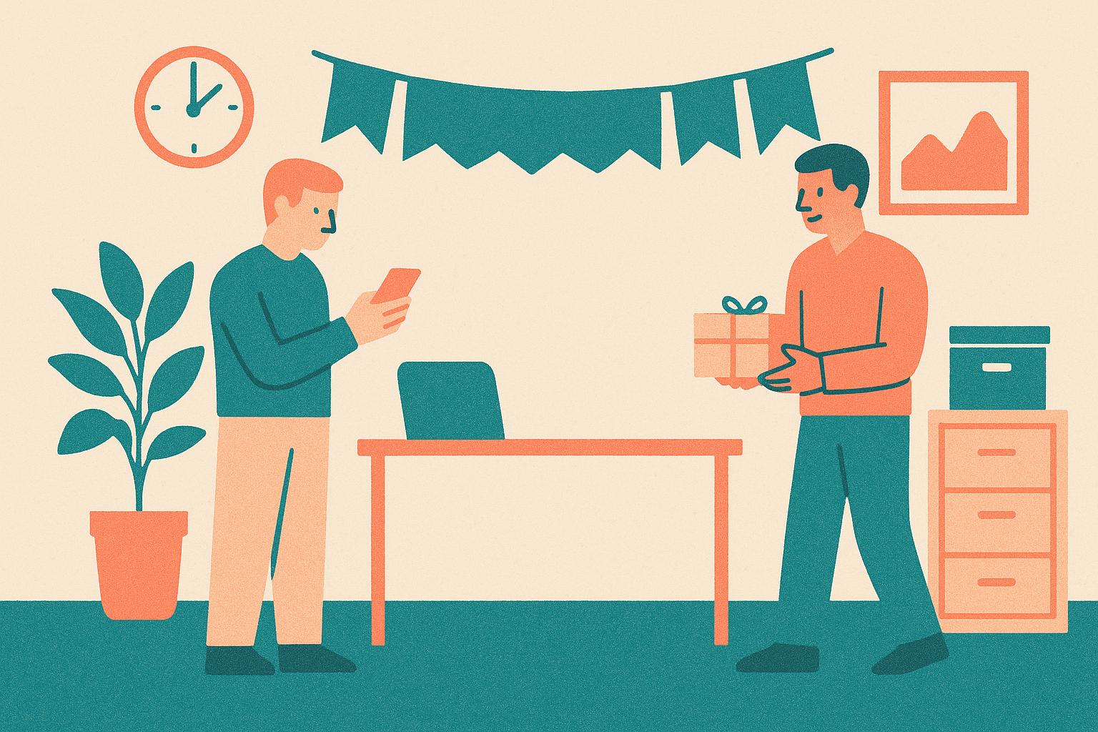 A man checks a leave date on his phone while a colleague sets a small box aside just before the office farewell.