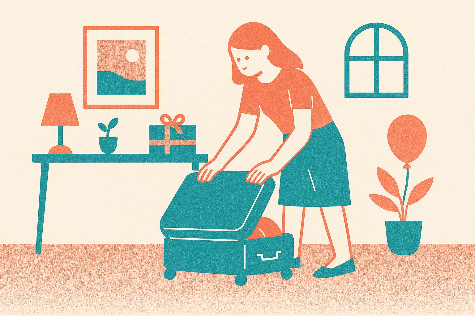 A woman closing a suitcase beside her desk just before a leaving party.