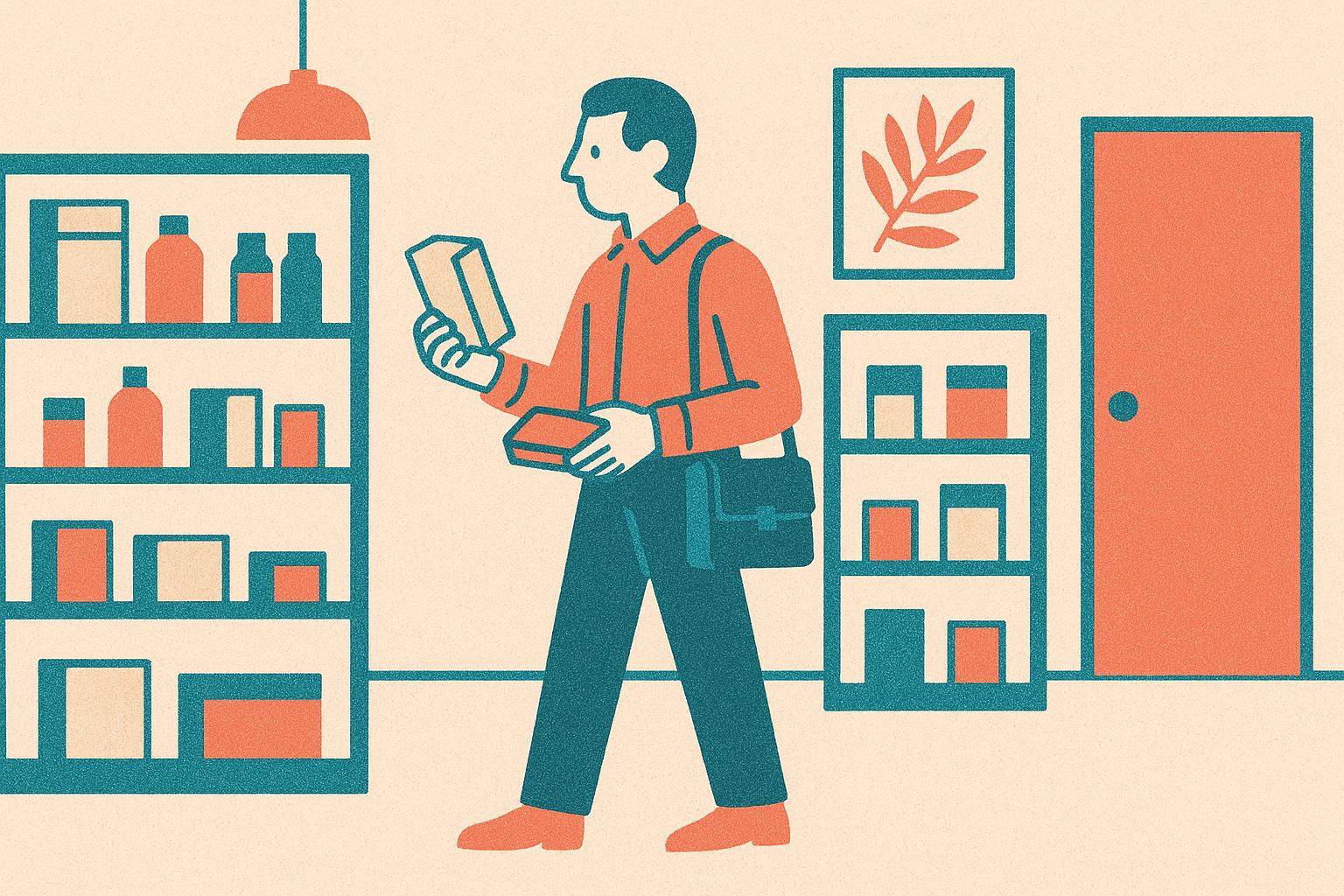 A shopper in a small store aisle compares a plain soap box and a chocolate bar just before leaving for the office.
