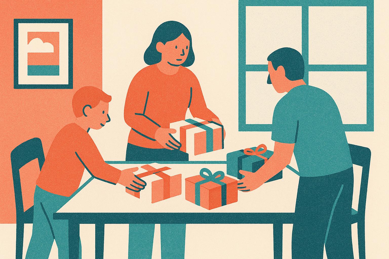 A family places several date boxes on a dining table after a house visit just before guests arrive.