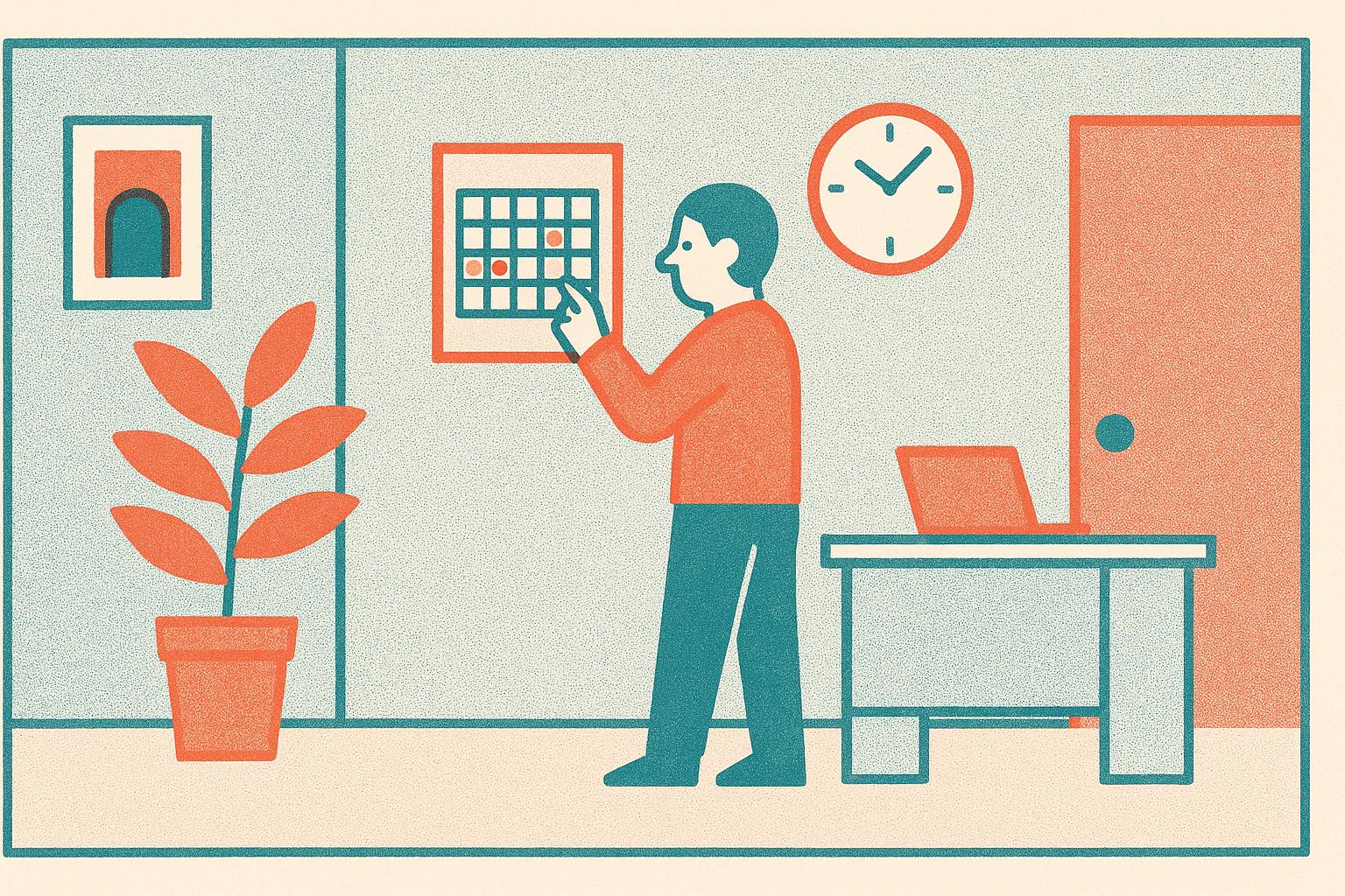 A coworker pausing over a birthday calendar in a shared office after the morning meeting.