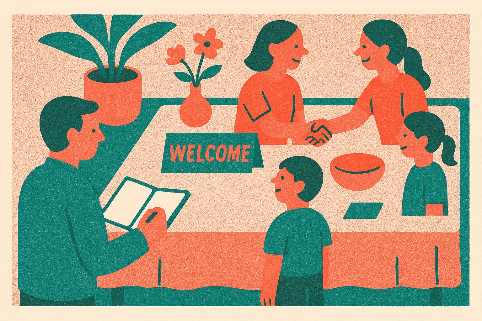 A guest pausing with a notebook beside a reception table while two families meet at the welcome hour.