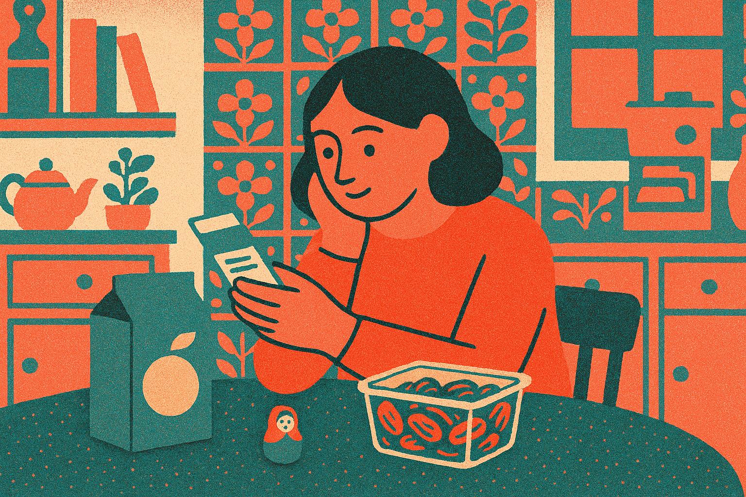 A friend reading product labels at a kitchen table late in the evening while choosing dates and a small keepsake.