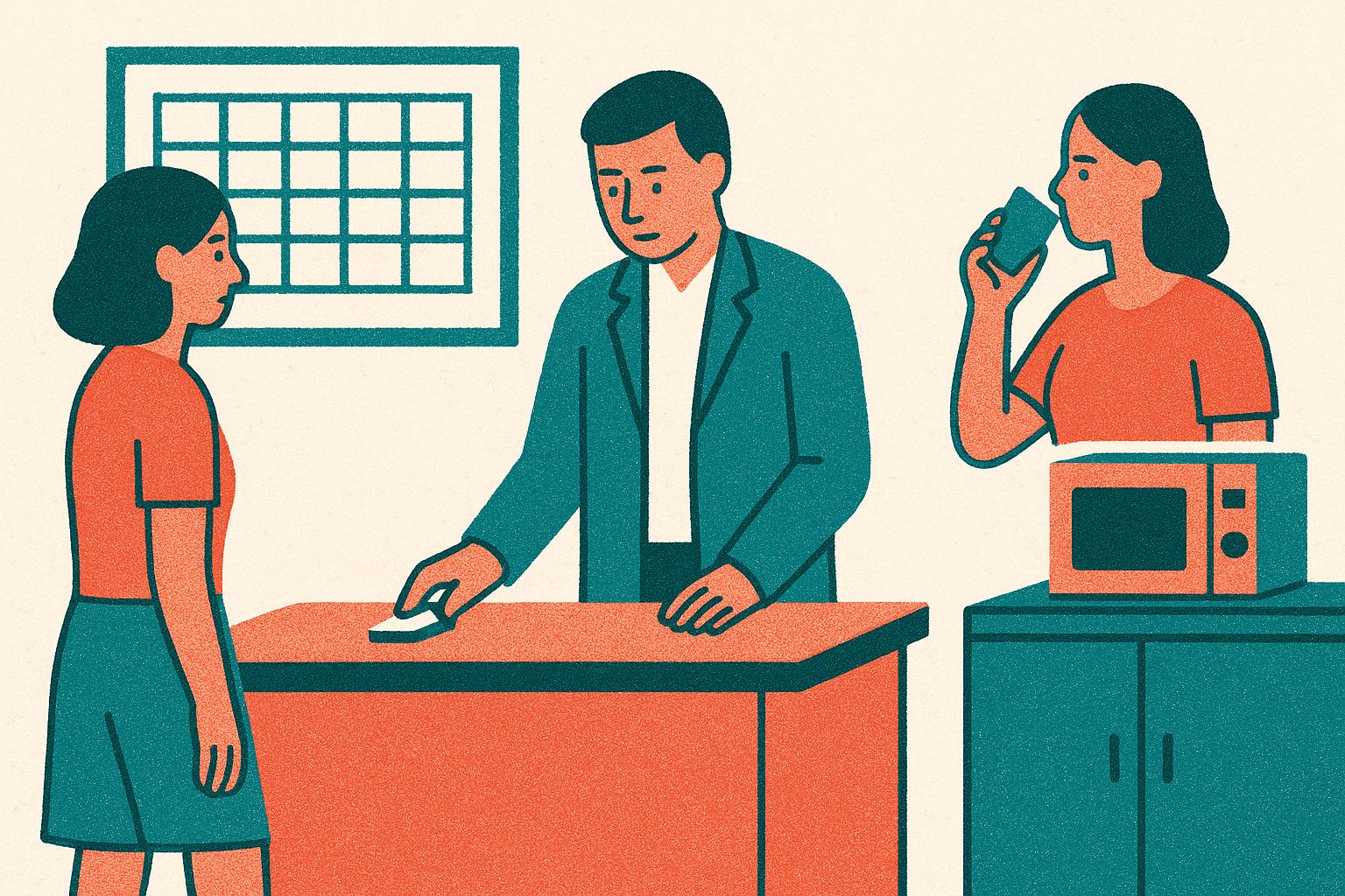 A manager sets a small item aside on a desk after checking a lunch room schedule for the week.
