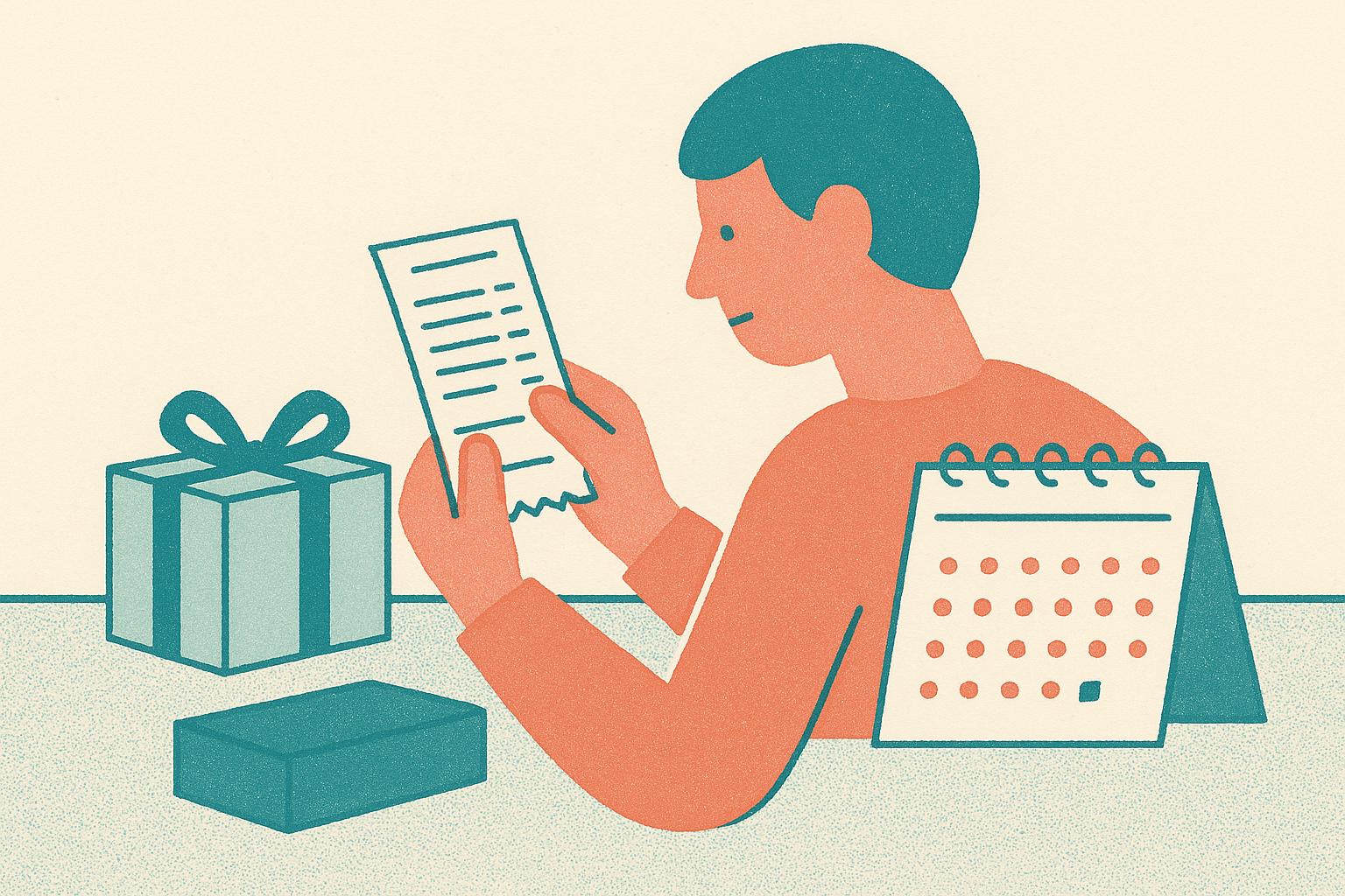 A colleague checks a store receipt before 2 December while another box is left on a desk beside a calendar.