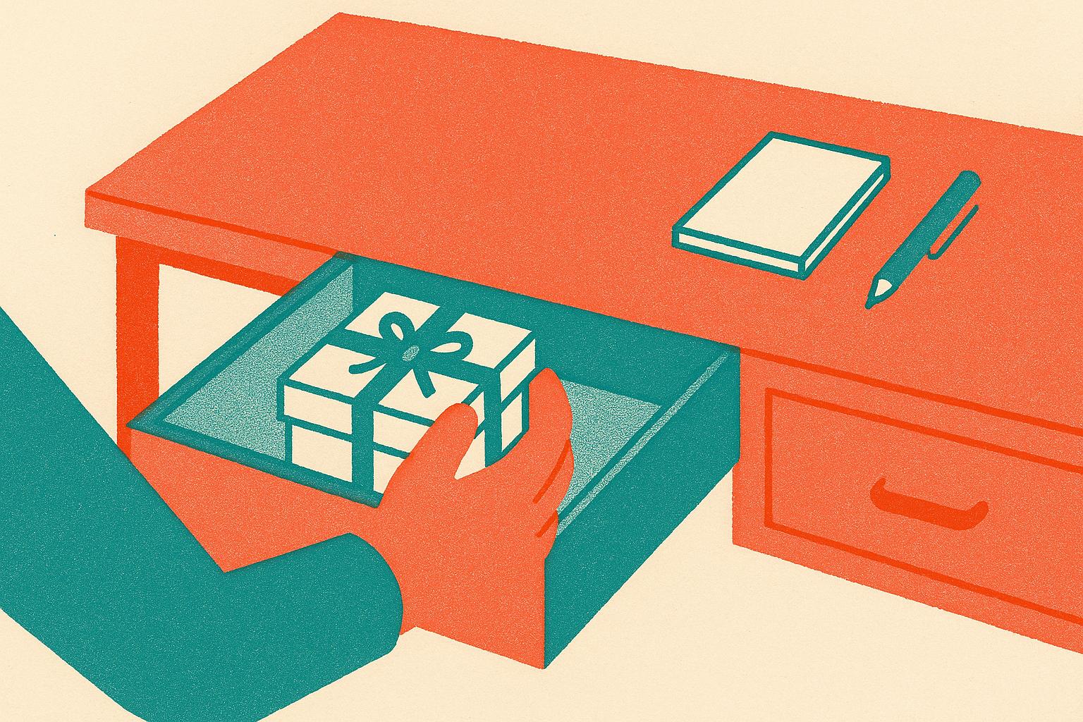 A colleague slips a small box into a desk drawer just before the farewell meeting.